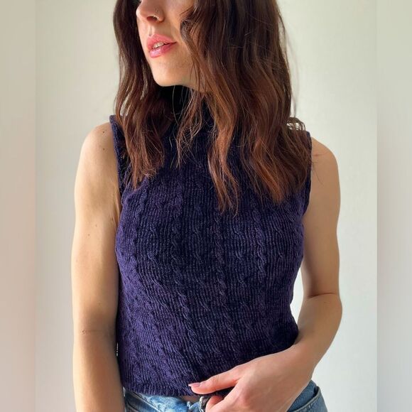 525 America Purple Turtle Neck Cropped Sleeveless Ribbed Top - Picture 2 of 9